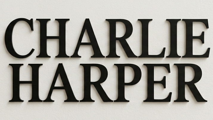 Wooden sign reading “CHARLIE HARPER INTERIOR DESIGN” on a brick wall